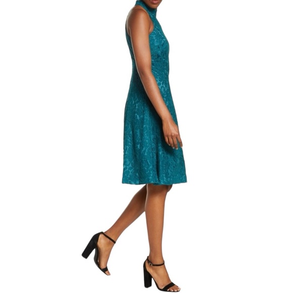 ELIZA J Floral Lace Fit-n-Flare Mock Neck Sleeveless Dress, Teal, Size 6 - Picture 6 of 8